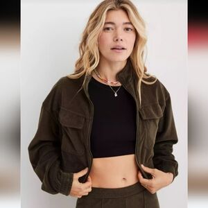 Aerie Groove-On Velour Ribbed Full Zip Cropped Jacket Womens Size M Olive Green